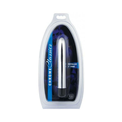 ETC Chrome Classics Metallic 7-inch vibrator in silver with black base, packaged in clear plastic display.