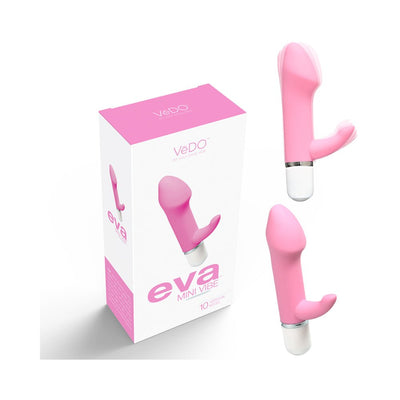 Pink VeDO Eva Mini Vibe with curved G-spot head and flexible clitoral stimulator, shown with packaging box.