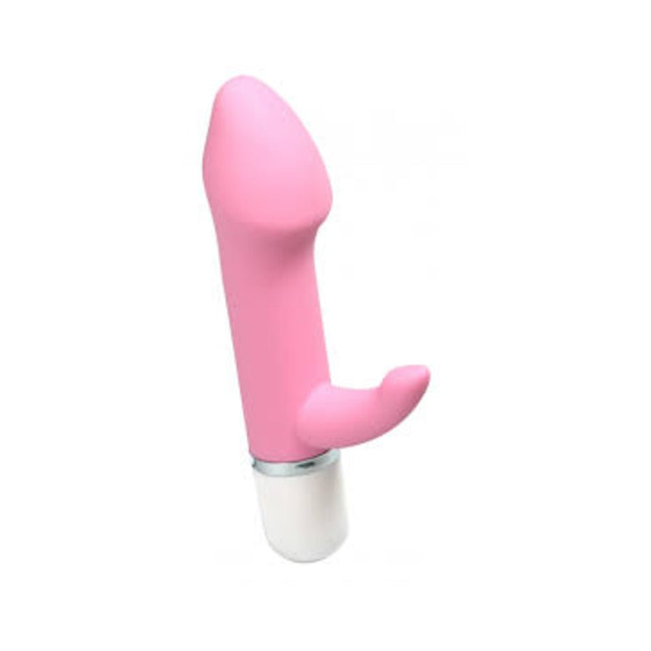 Compact pink silicone mini vibrator with curved head and flexible clitoral stimulator, white base control button.