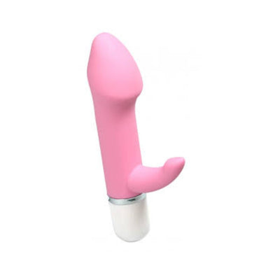 Compact pink silicone mini vibrator with curved head and flexible clitoral stimulator, white base control button.