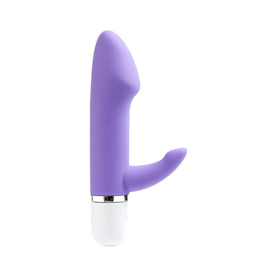 Compact purple silicone mini vibrator with curved tip and flexible clitoral stimulator, white base with silver accent.