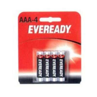 Pack of four Eveready Classic AAA batteries in red and black packaging with white text.