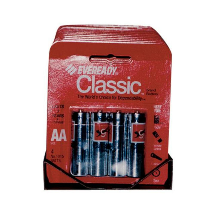 Pack of four Eveready Classic Heavy Duty AA batteries in red and silver packaging.