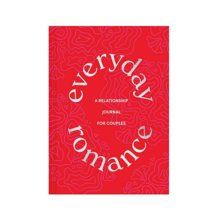 Red relationship journal titled Everyday Romance with subtle heart and floral line patterns on the cover.