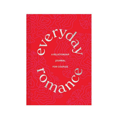 Red relationship journal titled Everyday Romance with subtle heart and floral line patterns on the cover.
