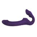 Purple silicone strapless double-ended strap on with curved design and textured details.