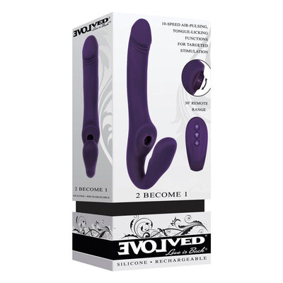 Purple double-ended silicone strapless strap-on with remote control shown on product packaging.