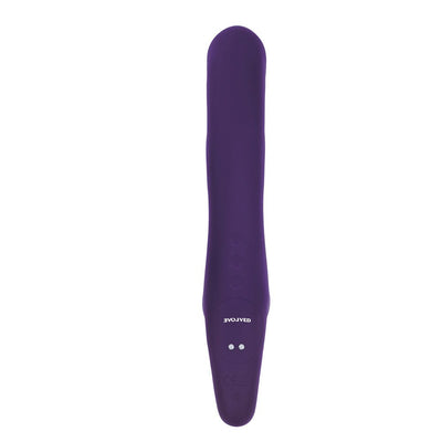 Purple silicone strapless double-ended vibrator with smooth curved design and control buttons.