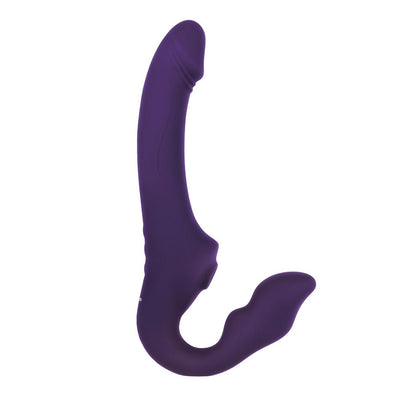 Purple silicone strapless strap-on with dual curved shafts and textured details for enhanced stimulation.