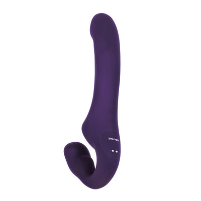 Purple flexible silicone strapless double-ended vibrator with textured head and ergonomic design.