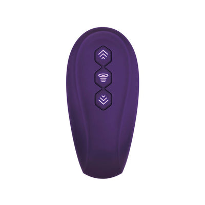 Purple remote control with three illuminated buttons for adjustable settings and functions.