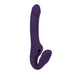 Purple silicone strapless strap-on with dual curved shafts and a textured head, designed for versatile pleasure.