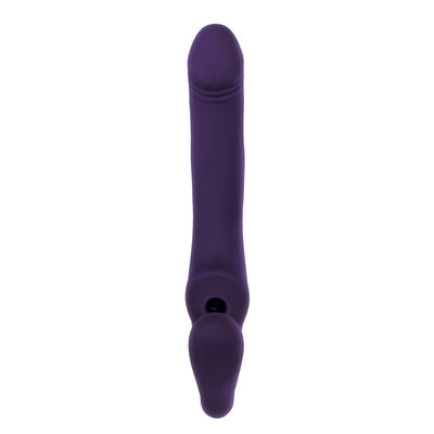 Purple silicone strapless double-ended strap on with textured head and bulbous base for versatile stimulation.