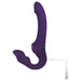 Purple silicone strapless strap-on with dual curved shafts and USB charging cable attached.