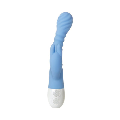 Blue flexible silicone vibrator with textured head and dual controls on white base.
