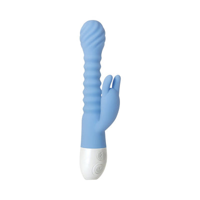 Blue flexible silicone vibrator with ribbed shaft and dual clitoral stimulator, white control base with buttons.