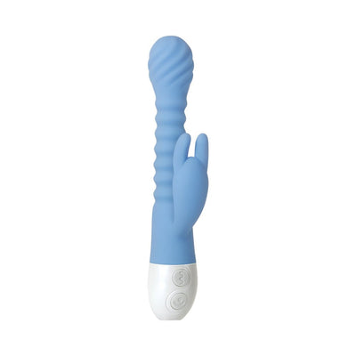 Blue flexible silicone vibrator with textured shaft and dual stimulation rabbit ears, featuring white control base with buttons.