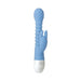 Blue flexible silicone vibrator with textured shaft and dual stimulation rabbit ears, featuring white control base with buttons.