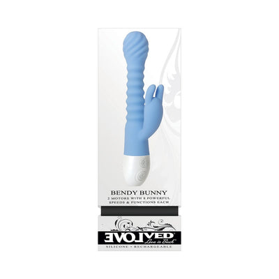 Blue flexible silicone vibrator with ribbed shaft and dual motors, featuring a bunny-shaped clitoral stimulator, rechargeable design.