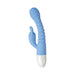 Blue flexible silicone vibrator with ribbed shaft and curved clitoral stimulator, white base control.