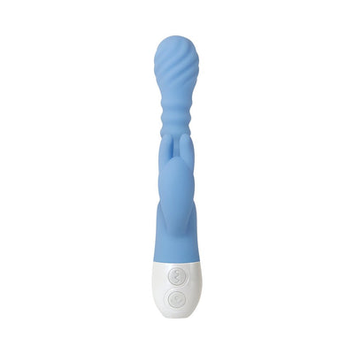 Blue flexible silicone vibrator with textured head and dual controls on white base.