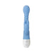 Blue flexible silicone vibrator with textured head and dual controls on white base.