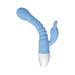 Blue flexible silicone vibrator with ribbed shaft and curved clitoral stimulator, white base with control button.