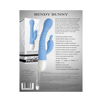 Blue flexible silicone vibrator with ribbed shaft and rabbit-style clitoral stimulator, shown with packaging and product details.