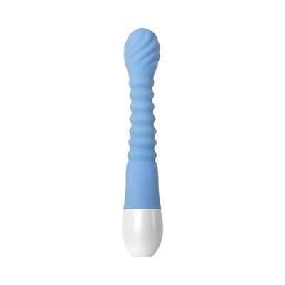 Blue flexible silicone vibrator with textured ribbing and white base handle on a white background.