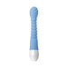 Blue flexible silicone vibrator with textured ribbing and white base handle on a white background.