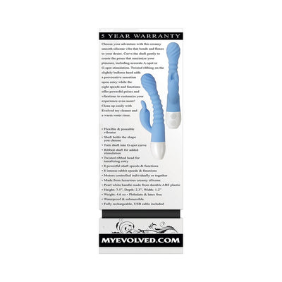 Blue flexible silicone vibrator with ribbed shaft and rabbit-style stimulator, shown with product features and warranty details.