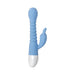 Blue flexible silicone vibrator with ribbed shaft and curved clitoral stimulator, white base control.