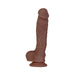 Brown realistic textured vibrating and squirting dong with suction cup base on white background.