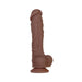 Brown realistic textured vibrating dong with suction cup base standing upright on white background