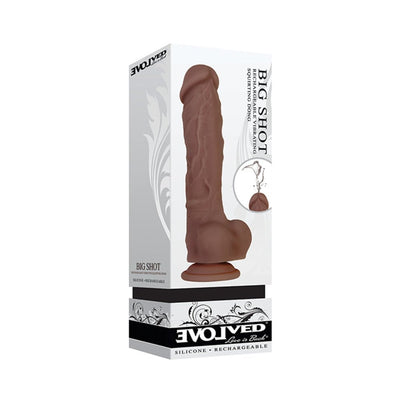 Brown realistic textured vibrating and squirting dong with suction base in branded Evolved packaging.