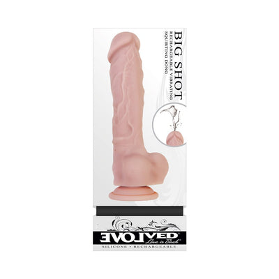 Realistic flesh-colored vibrating and squirting dong with suction cup base in product packaging.