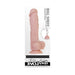Realistic flesh-colored vibrating and squirting dong with suction cup base in product packaging.