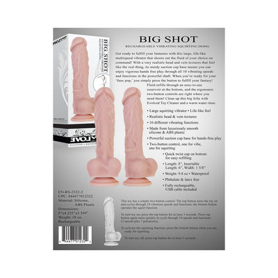 Evolved Big Shot rechargeable vibrating and squirting dong in flesh tone with suction cup base and packaging.