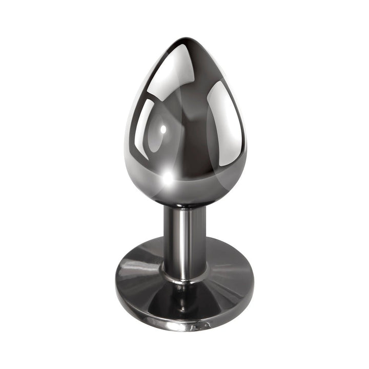Small sleek black metal anal plug with tapered tip and flat base, polished finish reflecting light.