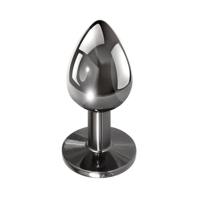 Small sleek black metal anal plug with tapered tip and flat base, polished finish reflecting light.