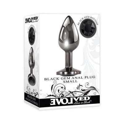 Evolved Black Gem Anal Plug small size with tapered tip and black jewel base in sleek gunmetal finish on white decorative packaging.