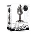 Evolved Black Gem Anal Plug small size with tapered tip and black jewel base in sleek gunmetal finish on white decorative packaging.