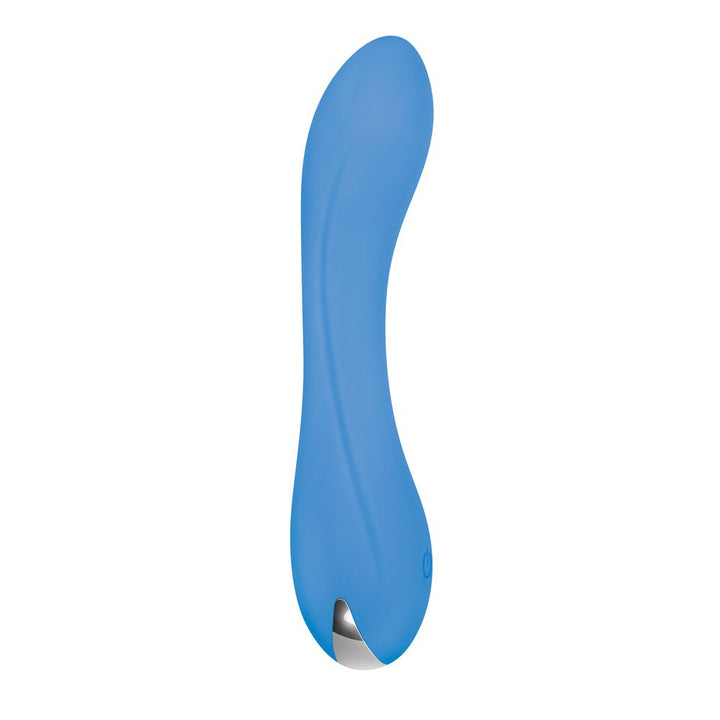Blue silicone petite vibrator with curved flexible shaft and bulbous tip, designed for targeted stimulation and easy handling.