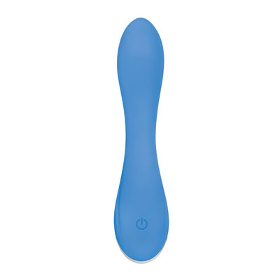 Blue silicone petite vibrator with a gently curved shape and power button at the base on a white background.