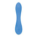 Blue silicone petite vibrator with a gently curved shape and power button at the base on a white background.