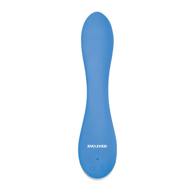 Blue silicone Evolved Blue Crush Petite Vibe with a curved, ergonomic shape and tapered tip.