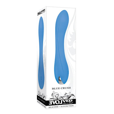 Blue Crush Petite Vibe in blue silicone with curved flexible shaft shown in white packaging with black decorative accents.