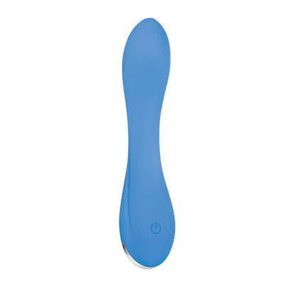 Blue silicone petite vibrator with curved flexible shaft and power button on handle against white background.