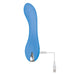 Blue curved silicone vibrator with a bulbous tip and USB charging cable attached.