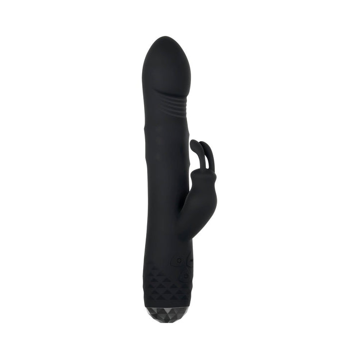 Black rotating rabbit vibrator with textured handle and dual motor curved ears for targeted stimulation.